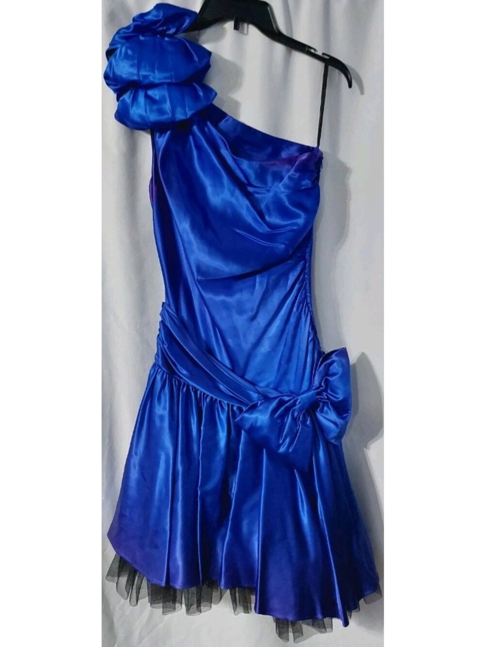 Moments Prom Dress One Shoulder Royal Blue Size 9 Bows Black Mesh Vintage 1980s